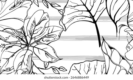 Padrão tropical sem costura preto e branco. Contraste de impressão gráfica exótica. Motivo de listras modernas. Flor de verão, folha em pincel abstrato. Orgânico, fundo vetor trópico.Manchas aquarela, tinta, manchas.