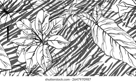 Black and white tropical seamless pattern. Contrast exotic graphics print. Modern stripes motif. Summer flower, leaf on abstract brush. Organic, tropic vector background.Watercolor daubs, ink, stains.