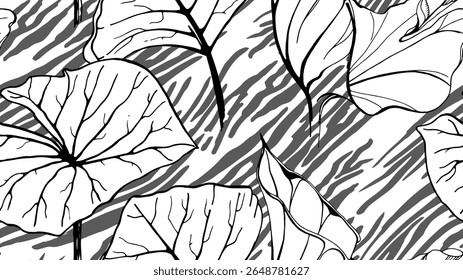 Black and white tropical seamless pattern. Contrast exotic graphics print. Modern stripes motif. Summer flower, leaf on abstract brush. Organic, tropic vector background.Watercolor daubs, ink, stains.