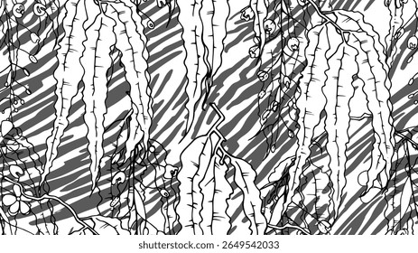 Black and white tropical seamless pattern. Contrast exotic graphics print. Modern stripes motif. Summer flower, leaf on abstract brush. Organic, tropic vector background.Watercolor daubs, ink, stains.