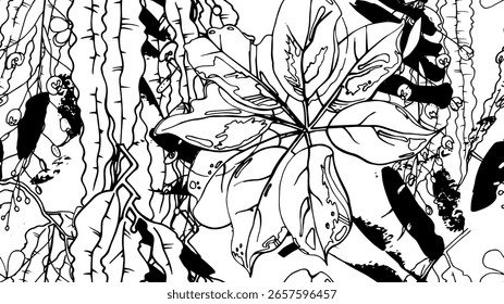 Padrão tropical sem costura preto e branco. Contraste de impressão gráfica exótica. Motivo de listras modernas. Flor de verão, folha em pincel abstrato. Orgânico, fundo vetor trópico.Manchas aquarela, tinta, manchas.