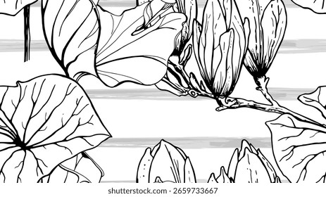 Patrón sin costuras tropical blanco y negro. Impresión de gráficos exóticos en contraste. Motivo moderno de rayas. Flor de verano, hoja en pincel abstracto. Orgánico, fondo de Vector trópico. Pinturas de acuarela, tinta, manchas.
