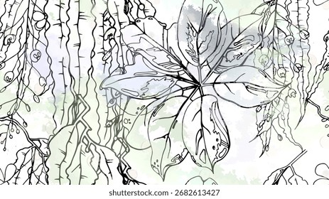 Patrón sin fisuras tropical en blanco y negro bajo manchas y manchas de acuarela suaves. Impresión de gráficos exóticos en contraste. Flor de verano moderna, hoja en pincel abstracto. Orgánico, fondo de Vector tropical.