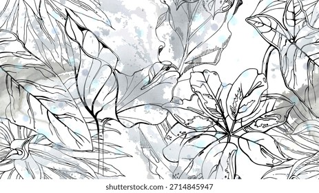 Padrão tropical sem costura preto e branco sob bolhas de aquarela suaves e manchas. Contraste de impressão gráfica exótica. Flor de verão moderna, folha em pincel abstrato. Vetor orgânico, trópico de fundo.