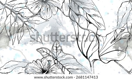 Black and white tropical seamless pattern under gentle watercolor blobs and stains. Contrast exotic graphics print. Modern summer flower, leaf on abstract brush. Organic, tropic vector background.