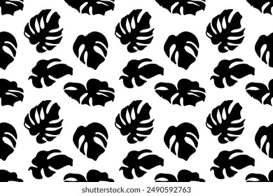 Black and white tropical vector seamless pattern with monstera leaves. Vector illustration