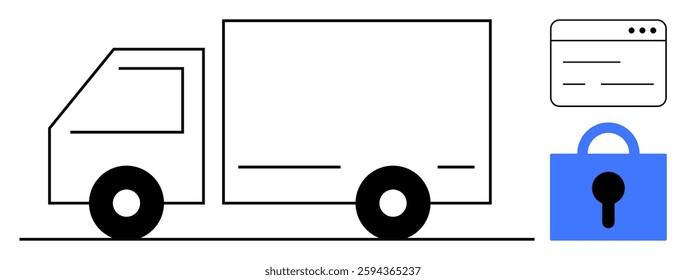 Black and white truck, blue padlock, and browser window symbolize secure cargo delivery and online security. Ideal for logistics, cybersecurity, data protection, web security, and e-commerce. Simple