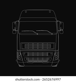 Um caminhão preto e branco blueprint ilustração em um fundo escuro apresenta faróis detalhados, grade e rodas. O estilo de desenho técnico destaca elementos mecânicos precisos.