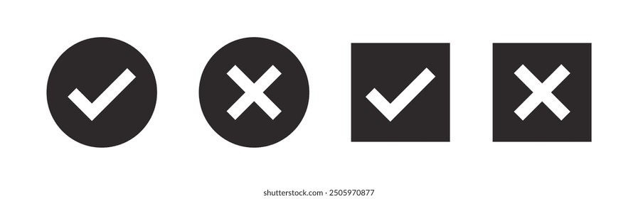 Black and White True and Wrong Icon Set - Monochrome Check Mark and Cross Symbol for Correct and Incorrect Indications, Minimalist UI Design, and Decision-Making