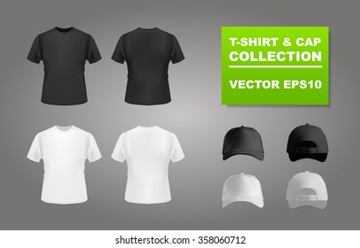 Black and white t-shirt and baseball cap set, front and back view, vector eps10 illustration - Shutterstock ID 358060712