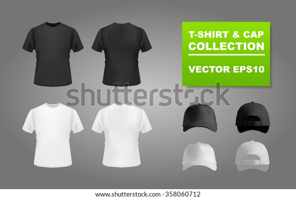 Black and white t-shirt and baseball\
cap set, front and back view, vector eps10\
illustration