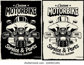 Black and white t-shirt design of Custom Motorcycle Garage in vintage style