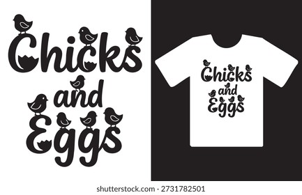 Un diseño de camiseta en blanco y negro con el texto 'Pollitos y huevos' rodeado de lindas ilustraciones de gallinas.