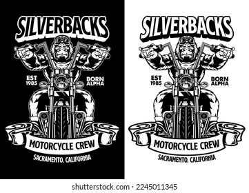 Black and White T-shirt Design of Gorilla Motorcycle Rider