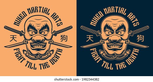Black and white t-shirt design of a Japanese Tengu mask with crossed katana swords
