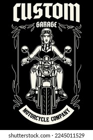 Black And White T-shirt design of Motorcycle Garage with Women Rider
