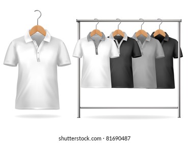 Black and white t-shirt design template. Clothes hanger with shirts. Vector illustration.