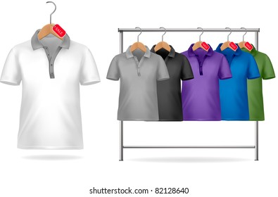 Black and white t-shirt design template. Clothes hanger with shirts with price tags. Vector illustration.