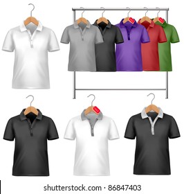 Black and white t-shirt design template. Clothes hanger with shirts with price tags. Vector illustration.