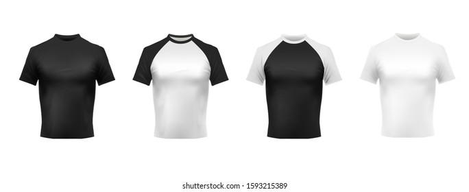 Black and white t-shirt mockup. Black polo, men shirt front view and shirts realistic template 3D vector set. Casual male clothing with short sleeves. Fashionable apparel, stylish garments