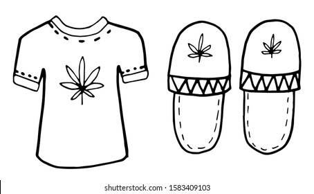 Black and white T-shirt and slippers vector illustration. Hand drawing outline clothes with hemp leaf. Doodling style. 