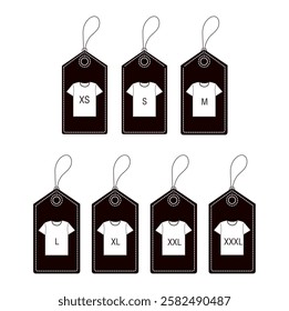 Black and white t-shirts sizes labels isolated on a white background