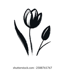 Black and white tulip flower, minimalist hand-drawn brushstroke art