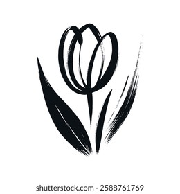 Black and white tulip flower, minimalist hand-drawn brushstroke art