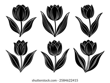 Black and White Tulip Flower Vector Set - A collection of six black and white tulip flower vector illustrations. Perfect for floral designs, tattoos, decorations, and botanical artwork.