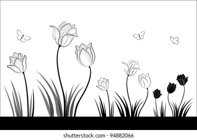 Black and white tulips and butterflies. A small set of spring flowers.