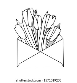 black and white tulips envelope for concept design. Spring blossom. Flower background. Wedding invitation envelope. Floral card. 8 march. Holiday decoration. Birthday celebration. Love background.