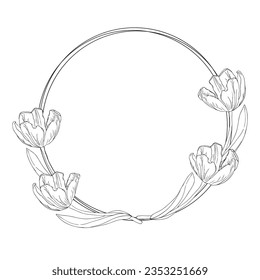 Black and white tulips wreath for card or invite, coloring pages with spring flower.Tulips wreath line artflower, vector isolated on a white background