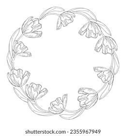 Black and white tulips wreath for card or invite, coloring pages with spring flower.Tulips wreath line artflower, vector isolated on a white background