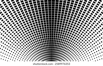 Black and White Tunnel Grid Pattern – Abstract 3D Optical Illusion Background with Curved Mesh Effect for Futuristic Digital Design
