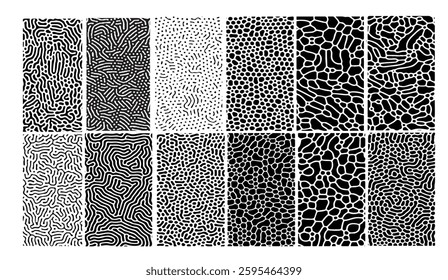 Black and white turing patterns collage, showcasing diverse reaction diffusion textures for creative backgrounds and abstract design projects with intricate organic shapes