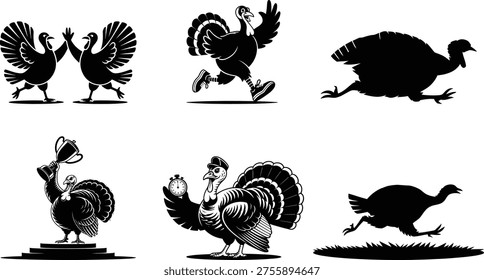 Black and white of turkeys in various poses and actions silhouettes running jumping