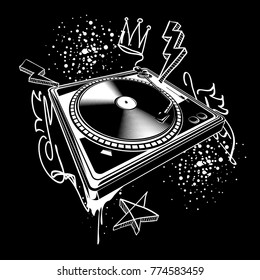 Black and white turntable on graffiti background