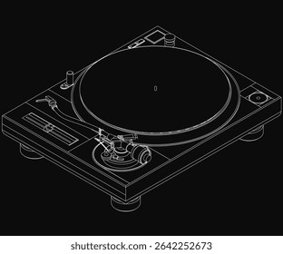 A black and white turntable with a vinyl record player stands out against a dark background, featuring detailed knobs and tonearm. The retro design highlights classic music playback with clean lines. 