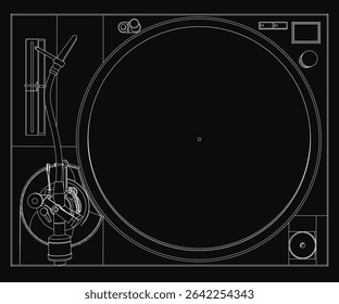 A black and white turntable with a vinyl record player stands out against a dark background, featuring detailed knobs and tonearm. The retro design highlights classic music playback with clean lines.