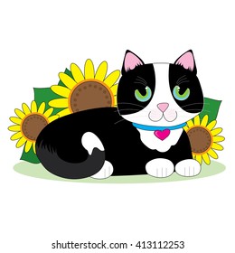 Black and white tuxedo cat lying down in a bed of sunflowers