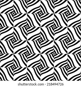 Black and white twirling, rotating seamless pattern. - mosaic, effect, distorted shapes, whirling concepts