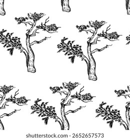 Black and white twisted pine trees vector seamless pattern. coniferous tree silhouettes repeated background in line art for designs nature prints landscape scene. Monochrome wallpaper pine graphic.