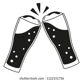 Black and white two beer glasses silhouette. Refreshing drinks for birthday party. Oktoberfest themed vector illustration for icon, sticker, patch, label, badge, certificate or ad banner decoration