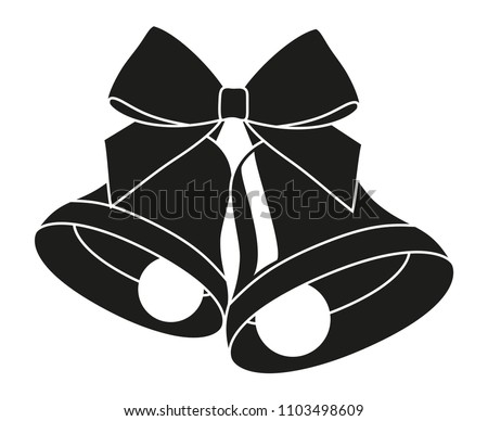 Black and white two bells with ribbon bow silhouette. New year holiday themed vector illustration for icon, sticker, patch, label, sign, badge, certificate or gift card decoration
