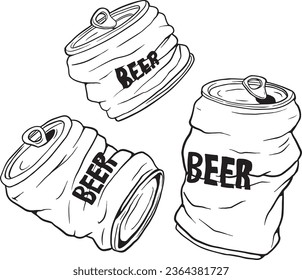 Black And White Of Two Broken Beer Cans Drink With Doodle Or Sketchy Style - Black line vector, Black and white