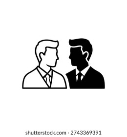 Black and white of two businessmen facing each other line silhouette suits