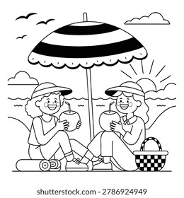 Black and white of two children sitting under a beach umbrella drinking coconuts kids