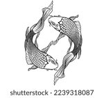 black and white two circular koi line art