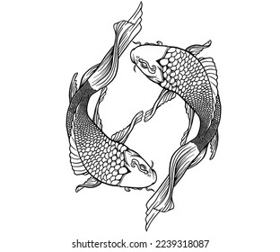 arte de la línea circular koi en blanco y negro