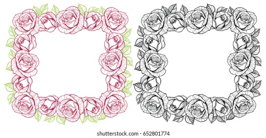 Black and white and two color rose flower square frame wreath. Good for card design.